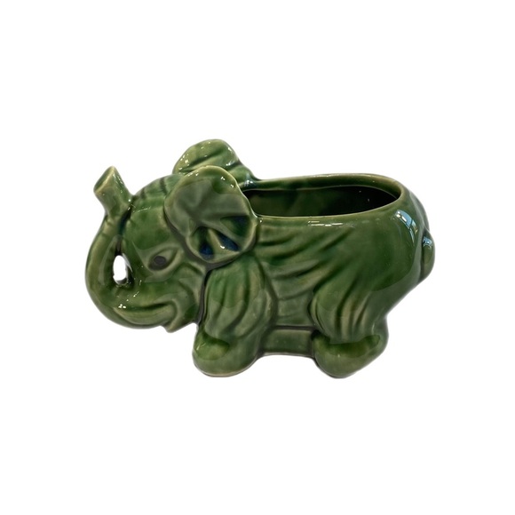 Green Glazed Trunks Up Good Luck Small Elephant Planter - Picture 1 of 7